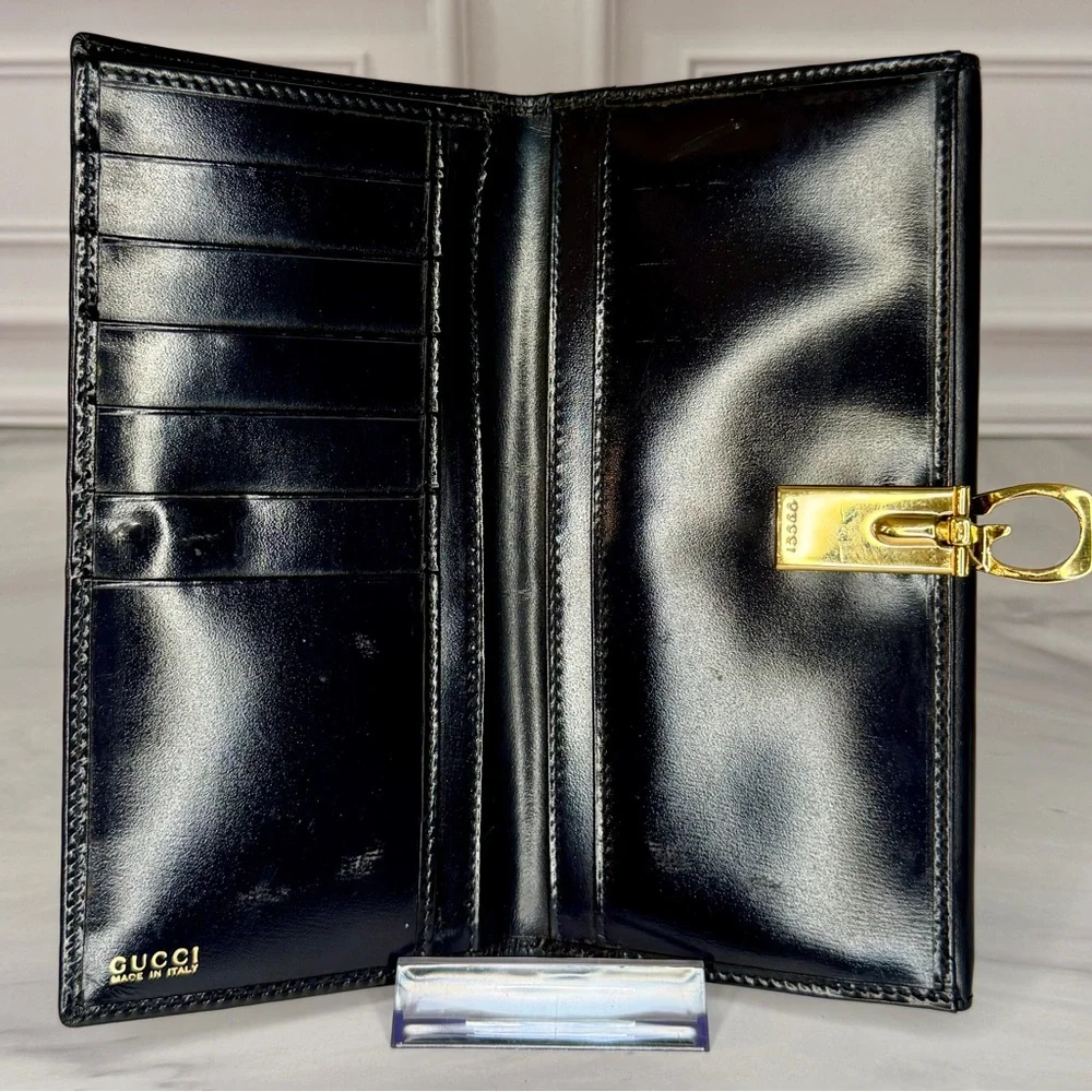 Vintage Gucci Queen Margaret Navy Blue Leather Long Bifold Wallet | Horsebit - Picture 4 of 6